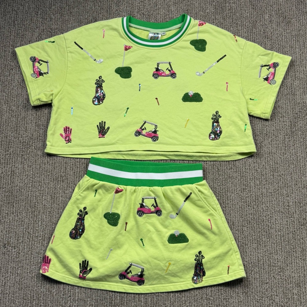 Queen of Sparkles Scattered Golf Icon Skirt Set Cropped Sequin Womens XS Green